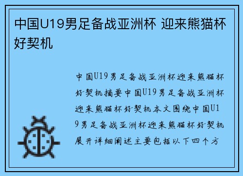 中国U19男足备战亚洲杯 迎来熊猫杯好契机
